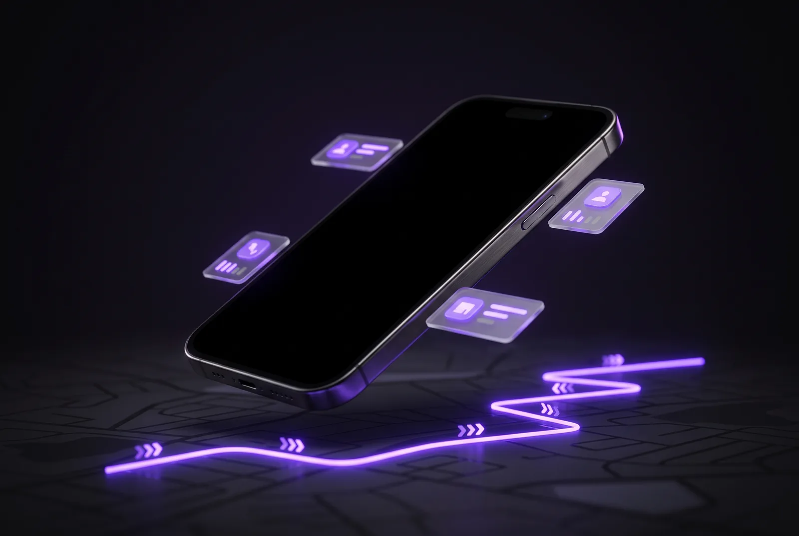 Smartphone floating over a dark map with violet route line