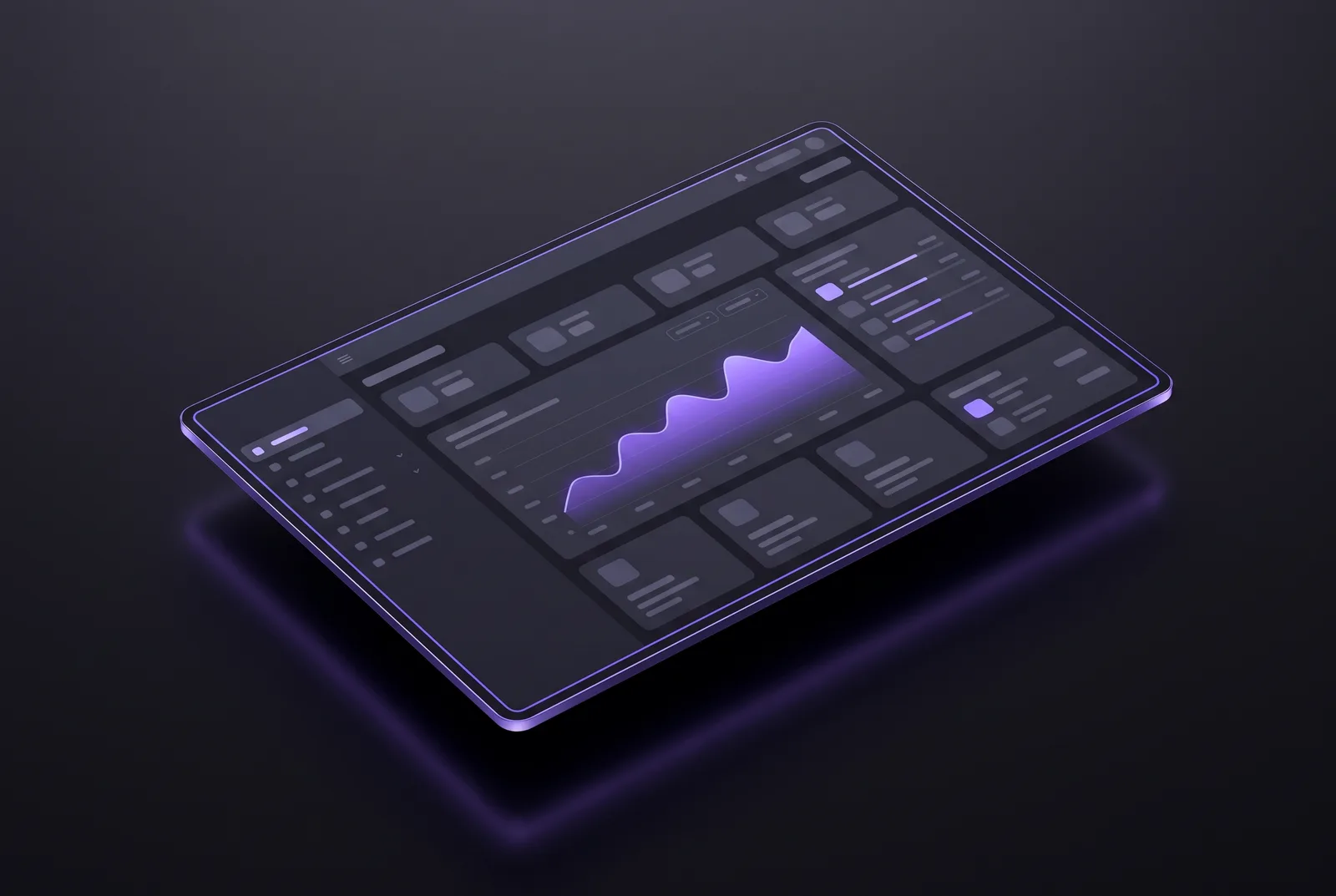 Dark AI analytics dashboard render with violet area chart