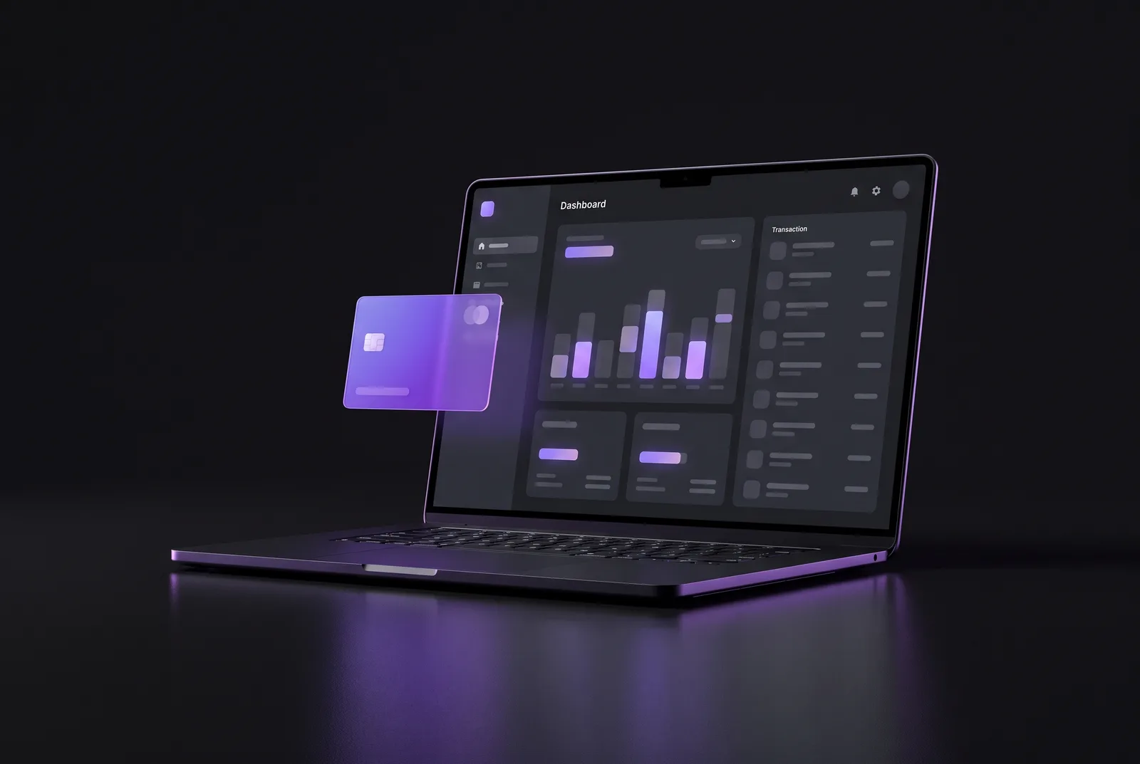 Banking dashboard on a laptop with floating violet bank card